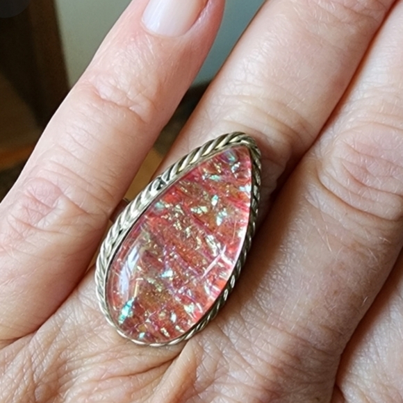 Stunning Sterling Silver Pink Dragon Breath Opal Teardrop Ring Sz 8.5 Cocktail - Picture 8 of 9